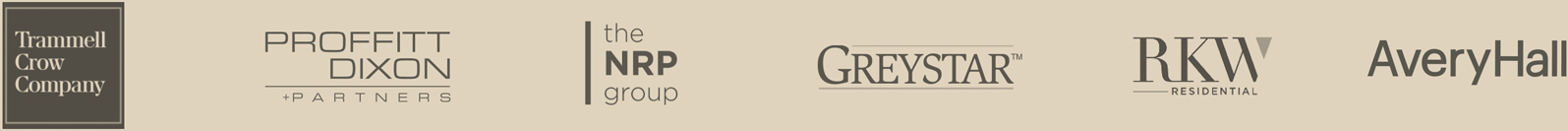 Trammell Crow Company, Proffitt Dixon Partners, The NRP Group, Greystar, RKW, AveryHall logos